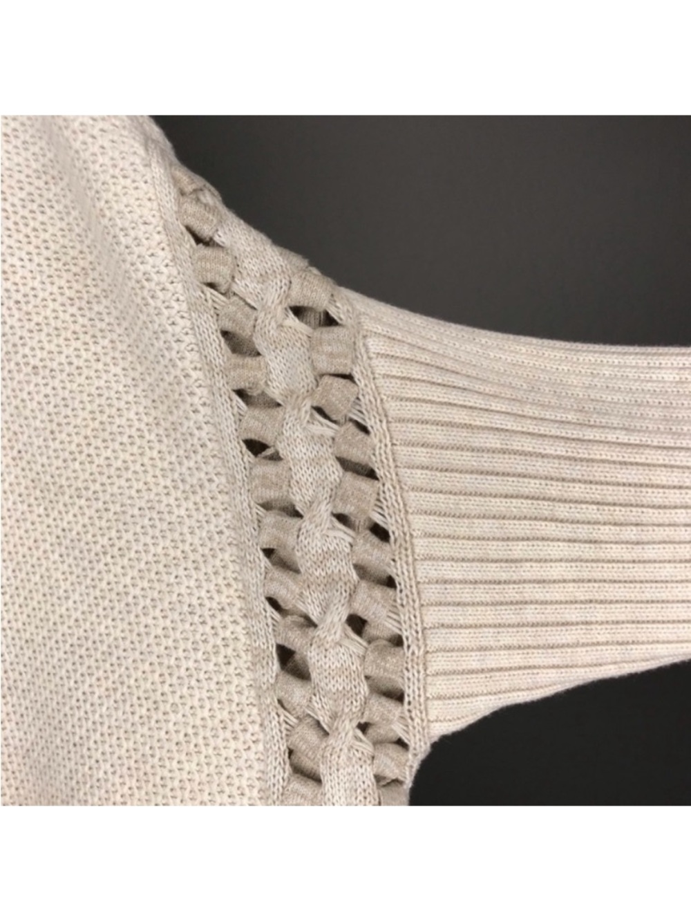Cabi Relaxed Cream Knit Crewneck Sweater Lace-Inset - Picture 8 of 9